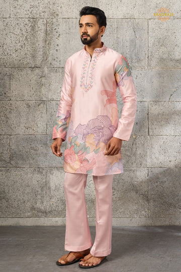 Pastel Pink Embroidered Silk Men Kurta Pajama