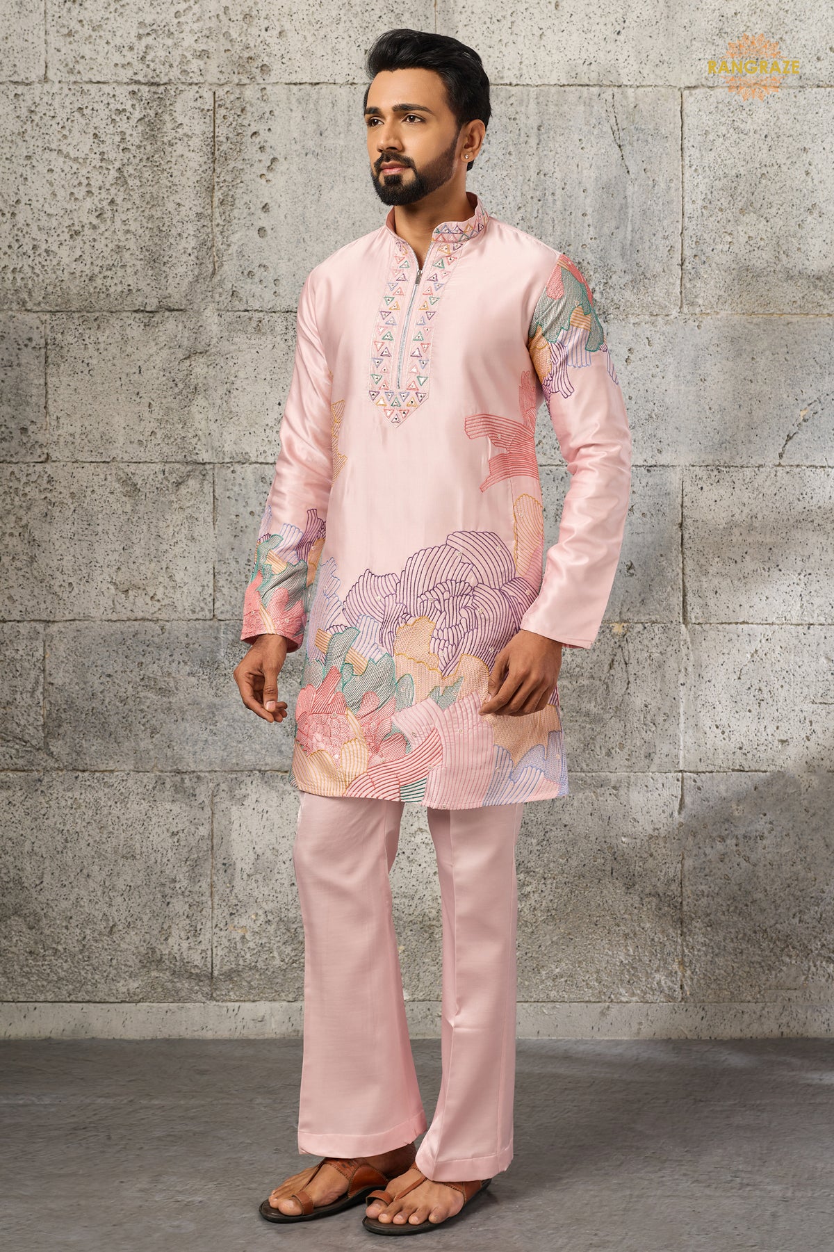 Pastel Pink Embroidered Silk Men Kurta Pajama
