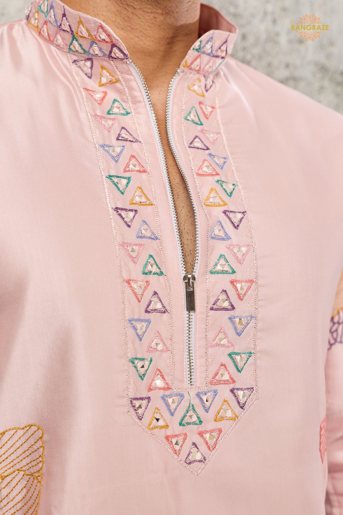 Pastel Pink Embroidered Silk Men Kurta Pajama