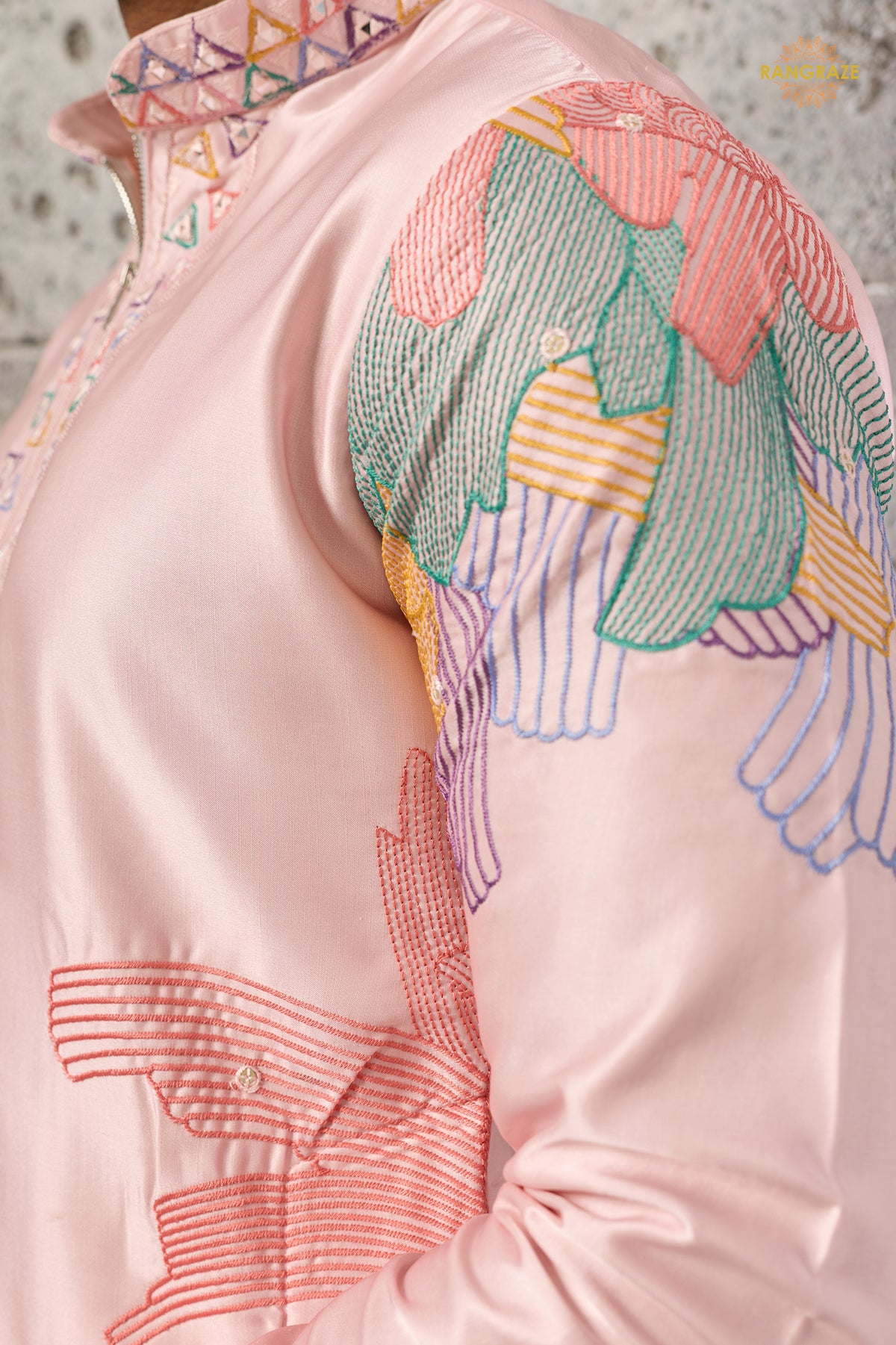 Pastel Pink Embroidered Silk Men Kurta Pajama