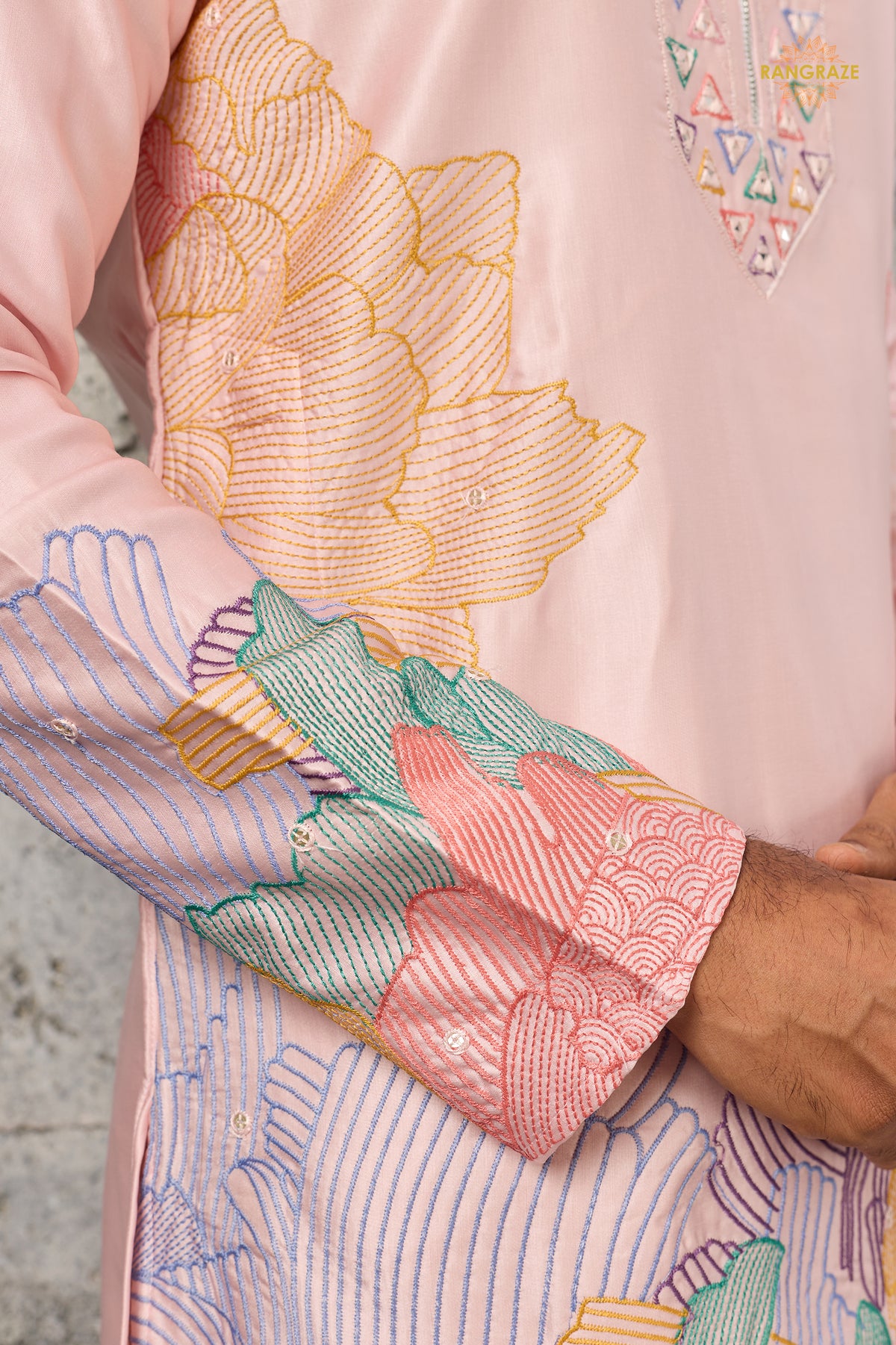 Pastel Pink Embroidered Silk Men Kurta Pajama