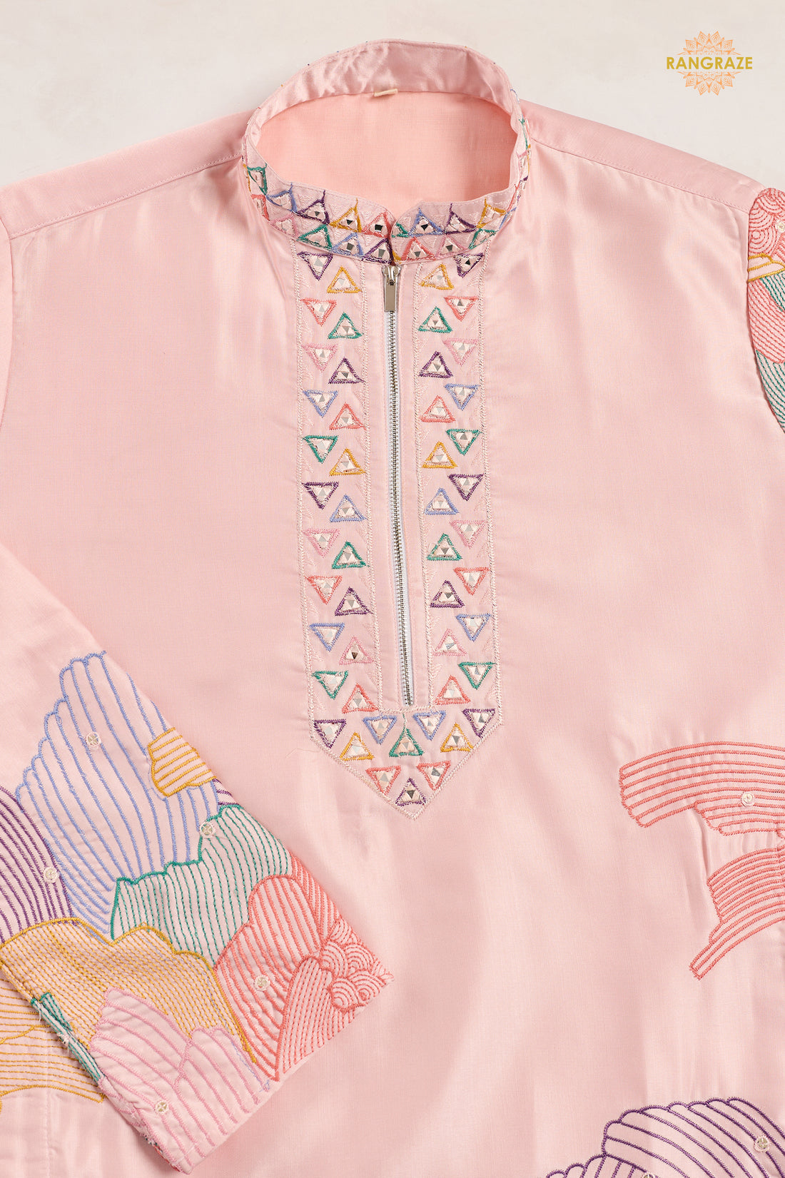 Pastel Pink Embroidered Silk Men Kurta Pajama