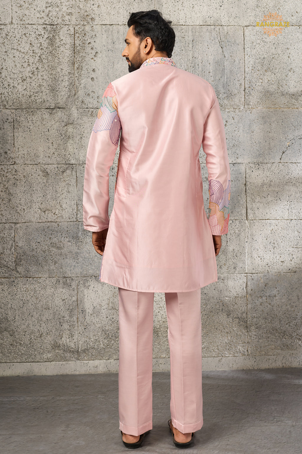 Pastel Pink Embroidered Silk Men Kurta Pajama