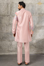 Pastel Pink Embroidered Silk Men Kurta Pajama