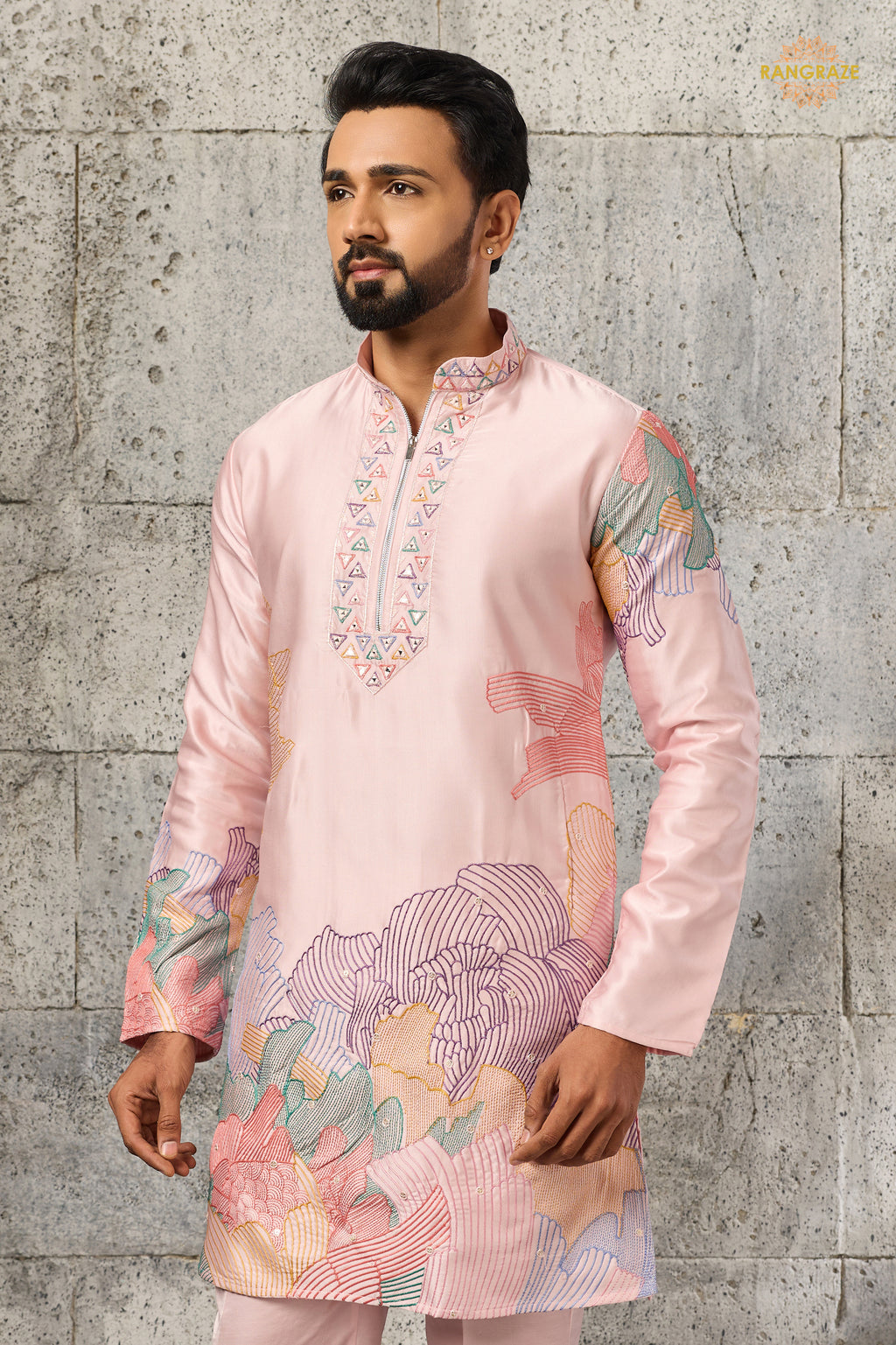 Pastel Pink Embroidered Silk Men Kurta Pajama