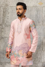 Pastel Pink Embroidered Silk Men Kurta Pajama