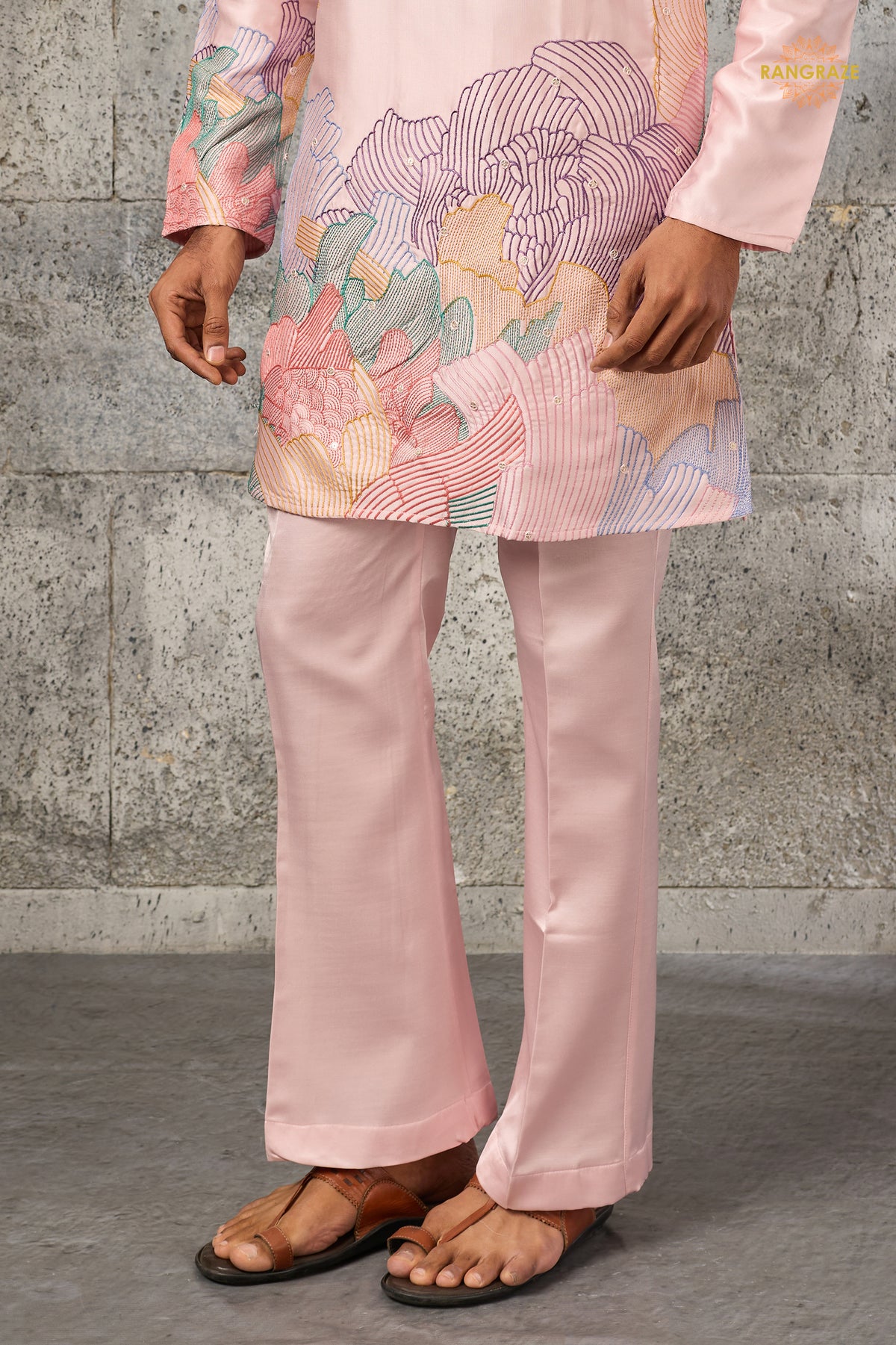 Pastel Pink Embroidered Silk Men Kurta Pajama