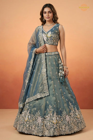Peacock Blue Embroidered Semi-Stitched Tissue Lehenga Set