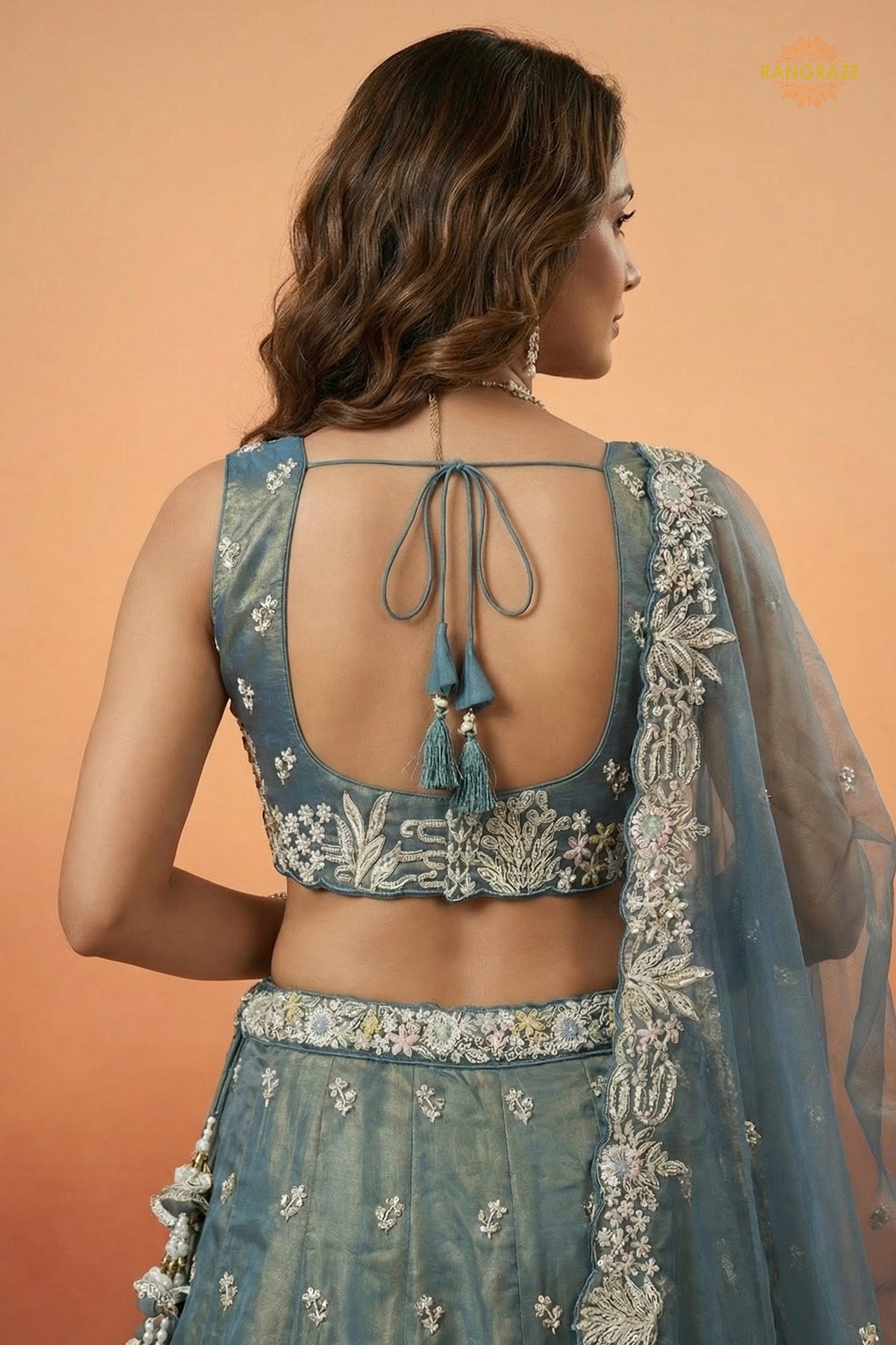 Peacock Blue Embroidered Semi-Stitched Tissue Lehenga Set