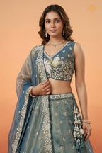 Peacock Blue Embroidered Semi-Stitched Tissue Lehenga Set