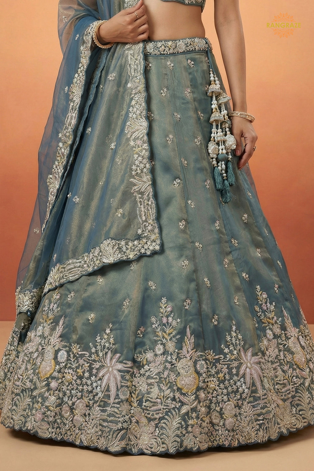 Peacock Blue Embroidered Semi-Stitched Tissue Lehenga Set