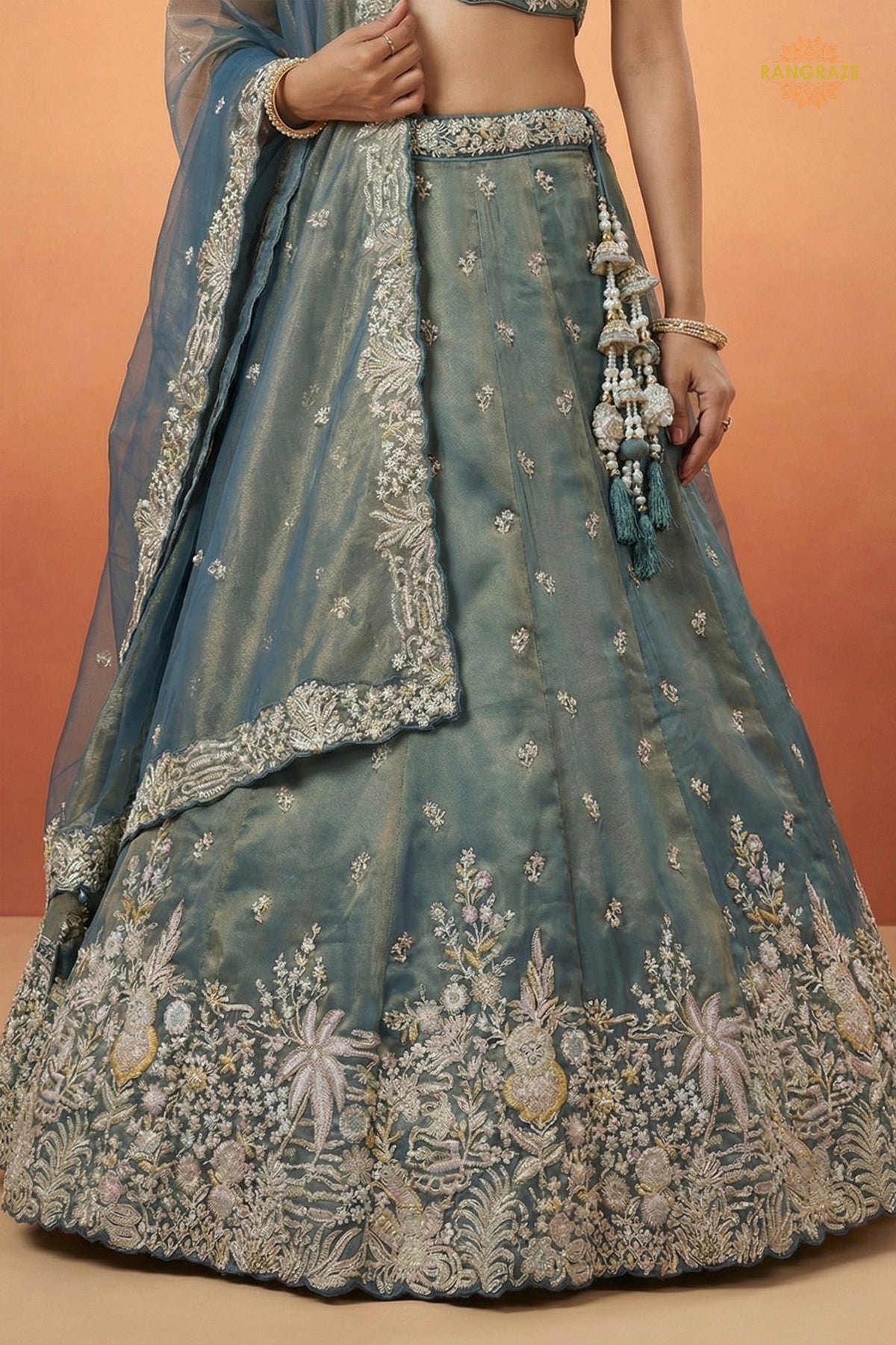 Peacock Blue Embroidered Semi-Stitched Tissue Lehenga Set