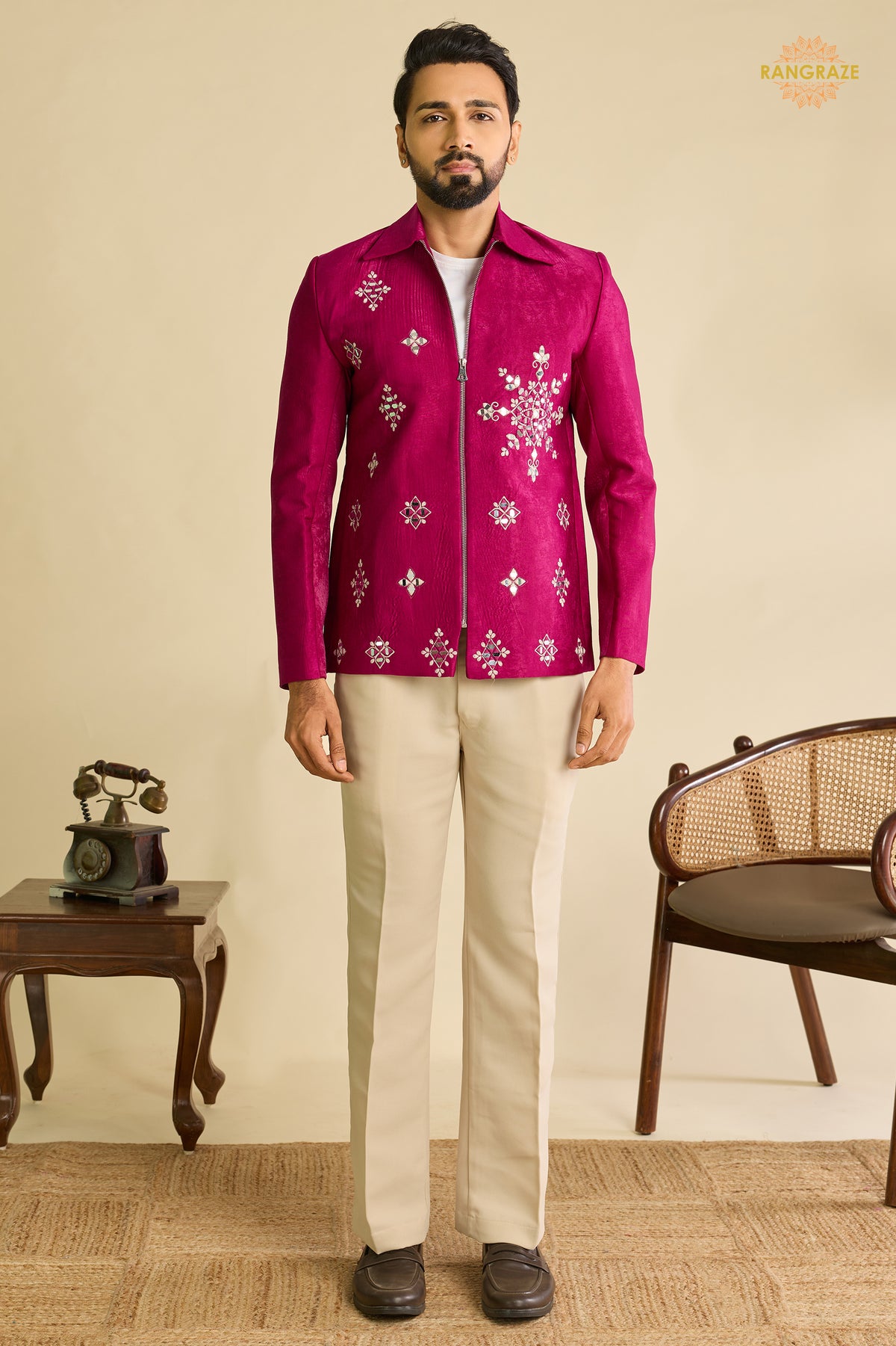 Pink Embroidered Velvet Men Jacket and Pant Set with Mirror Work
