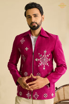 Pink Embroidered Velvet Men Jacket and Pant Set with Mirror Work