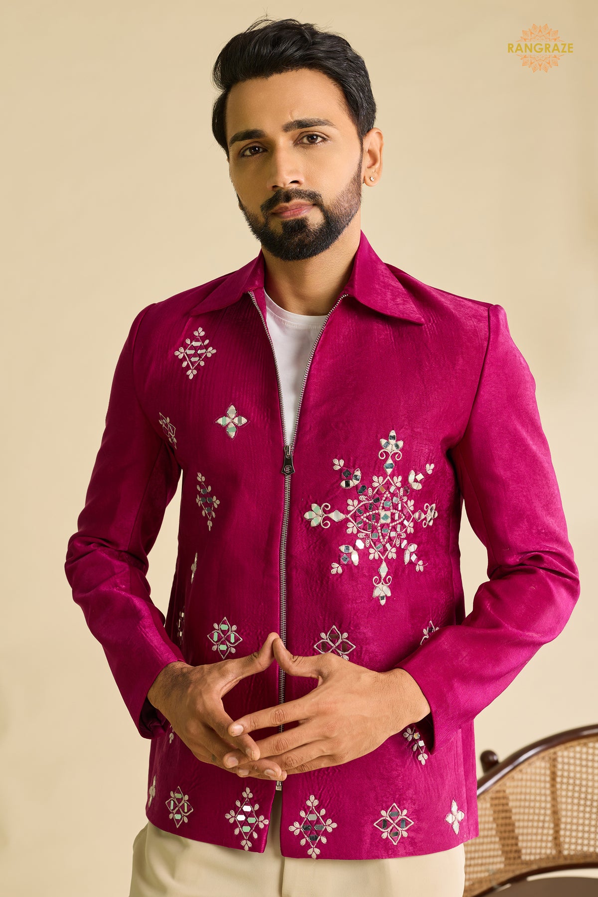 Pink Embroidered Velvet Men Jacket and Pant Set with Mirror Work