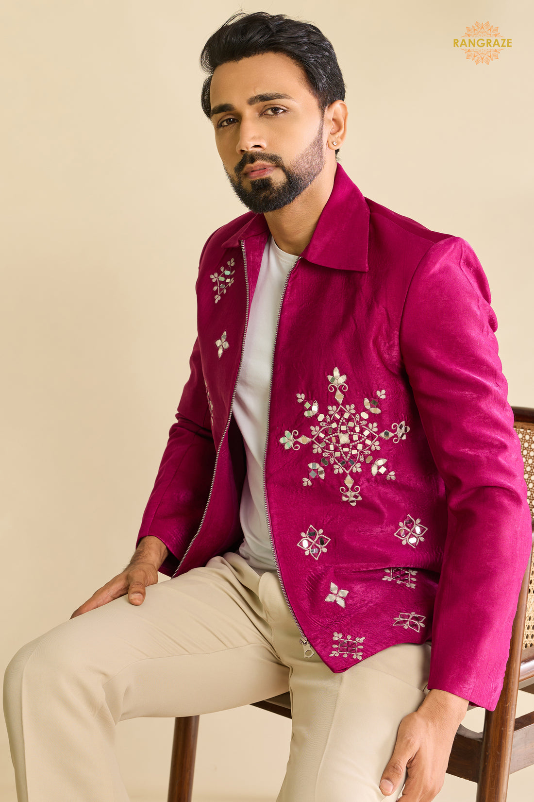Pink Embroidered Velvet Men Jacket and Pant Set with Mirror Work