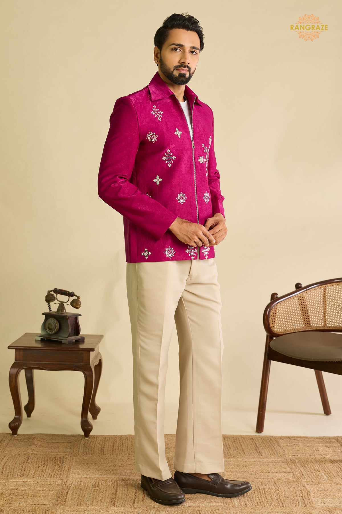 Pink Embroidered Velvet Men Jacket and Pant Set with Mirror Work