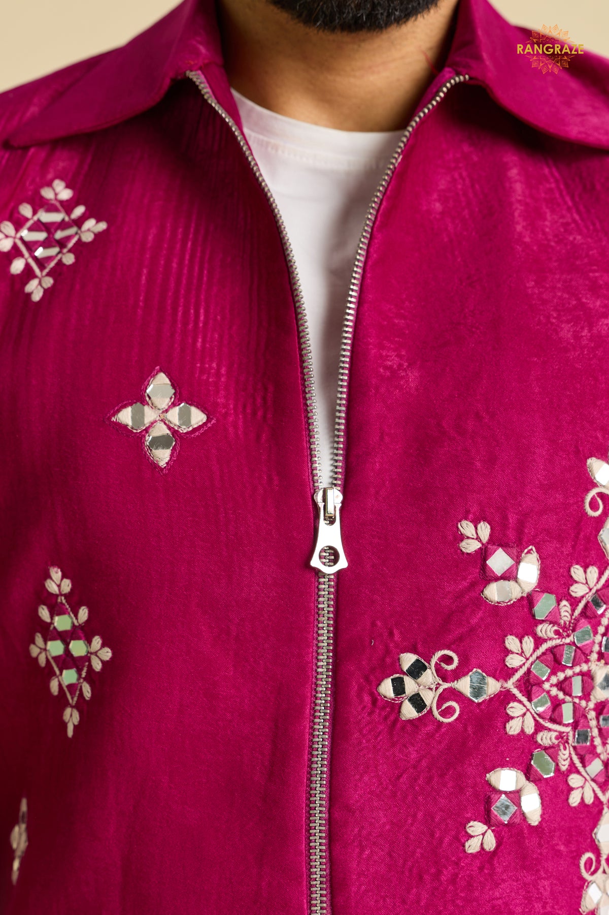 Pink Embroidered Velvet Men Jacket and Pant Set with Mirror Work