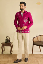 Pink Embroidered Velvet Men Jacket and Pant Set with Mirror Work