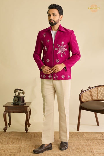 Pink Embroidered Velvet Men Jacket and Pant Set with Mirror Work