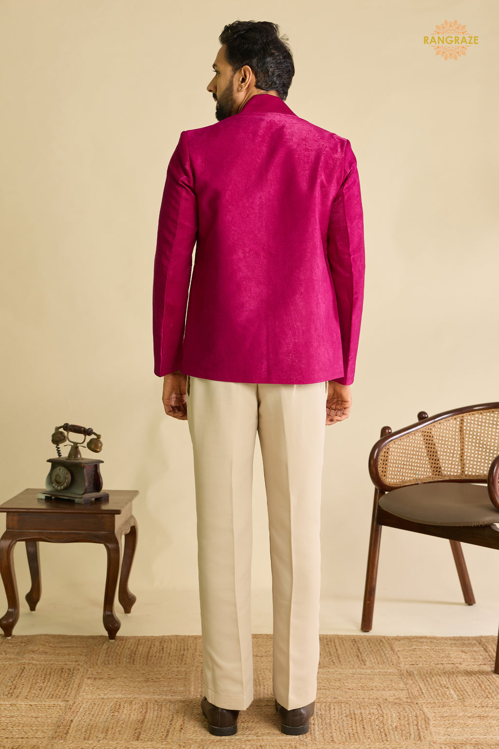 Pink Embroidered Velvet Men Jacket and Pant Set with Mirror Work
