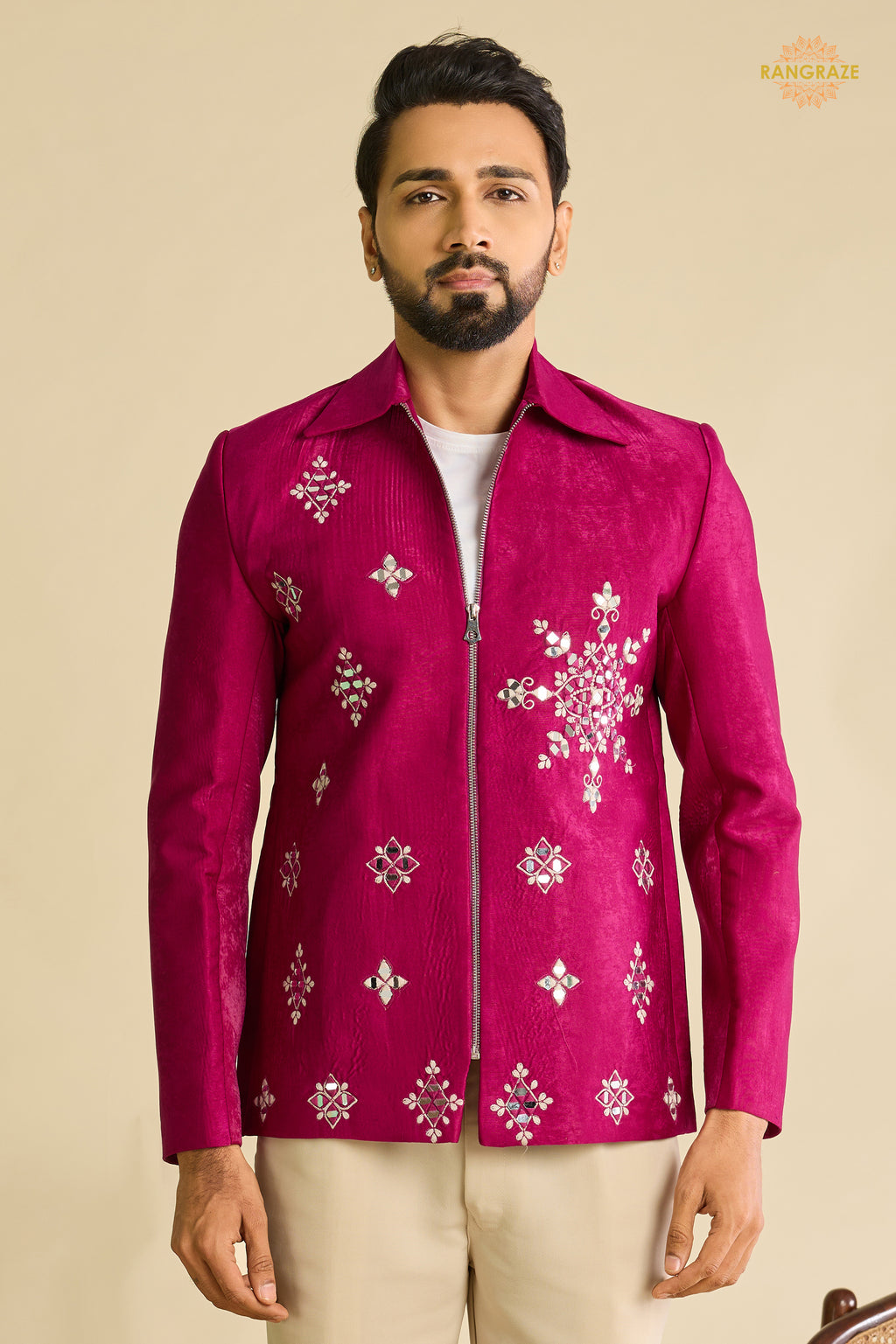 Pink Embroidered Velvet Men Jacket and Pant Set with Mirror Work