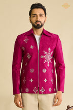 Pink Embroidered Velvet Men Jacket and Pant Set with Mirror Work