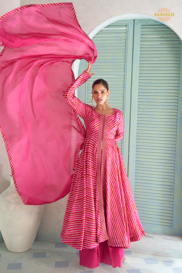 Pink Stitched Embroidered Chinon Suit