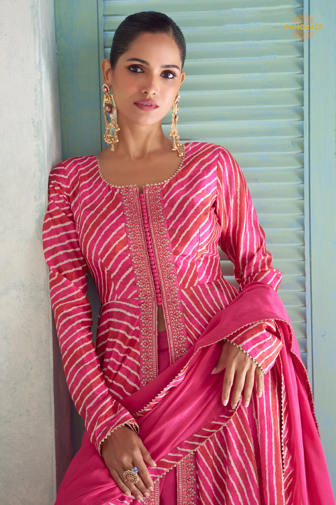 Pink Stitched Embroidered Chinon Suit