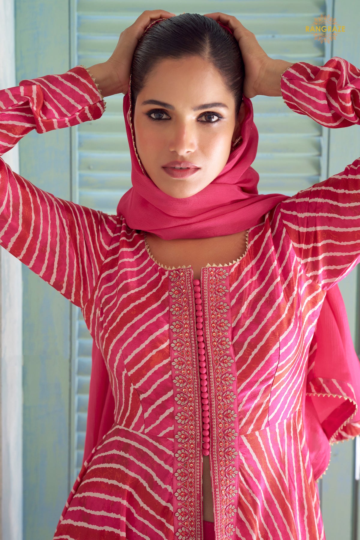 Pink Stitched Embroidered Chinon Suit