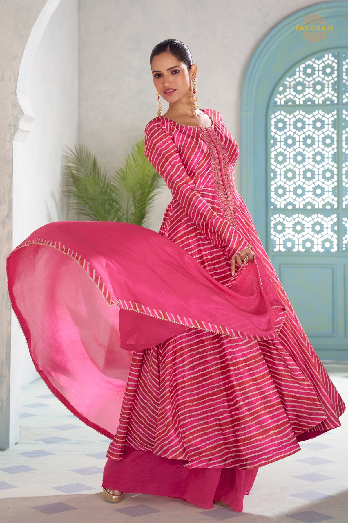 Pink Stitched Embroidered Chinon Suit