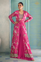 Pink Stitched Embroidered Chinon Palazzo Set With Jacket