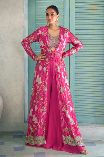 Pink Stitched Embroidered Chinon Palazzo Set With Jacket