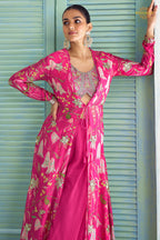 Pink Stitched Embroidered Chinon Palazzo Set With Jacket