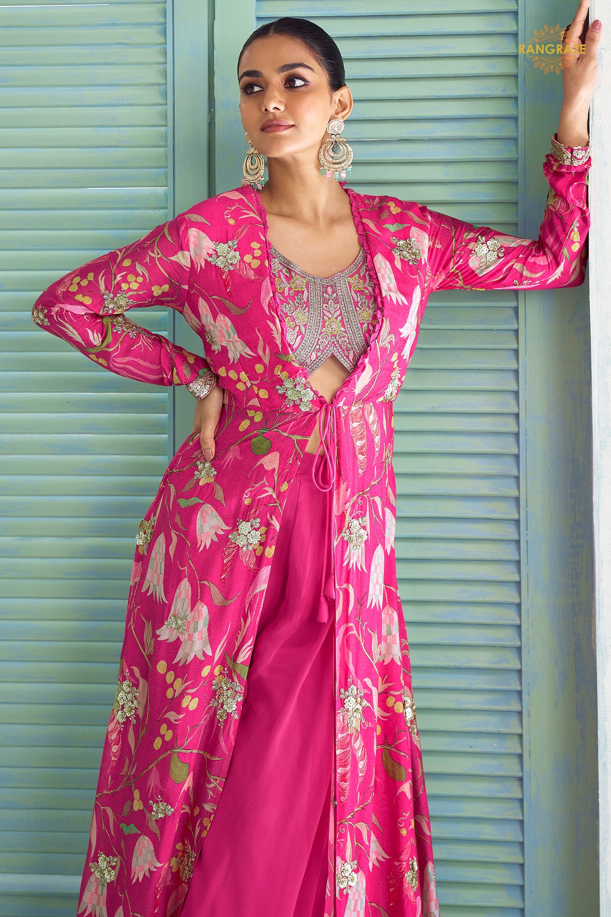 Pink Stitched Embroidered Chinon Palazzo Set With Jacket