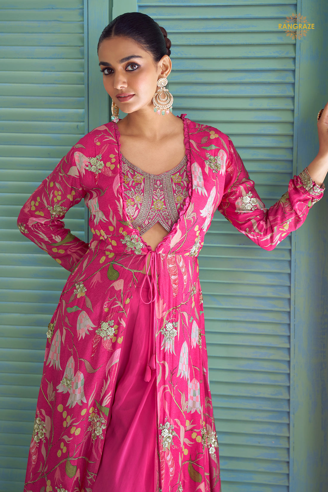 Pink Stitched Embroidered Chinon Palazzo Set With Jacket