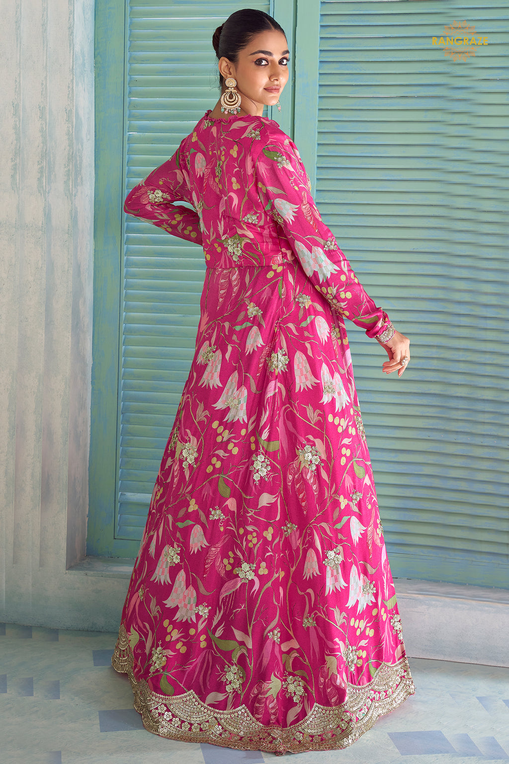 Pink Stitched Embroidered Chinon Palazzo Set With Jacket