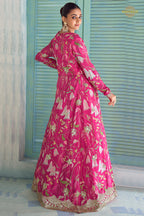 Pink Stitched Embroidered Chinon Palazzo Set With Jacket
