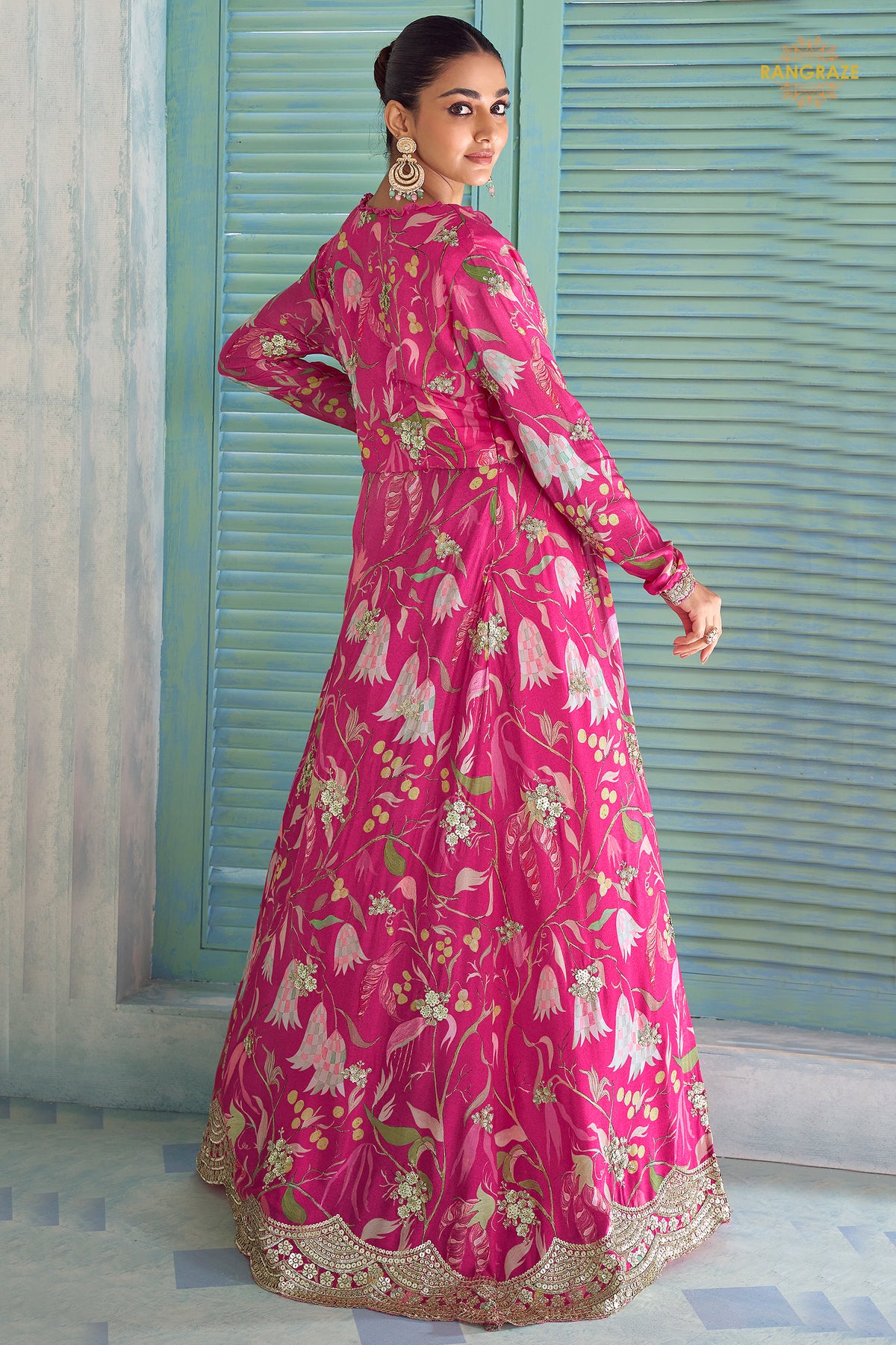 Pink Stitched Embroidered Chinon Palazzo Set With Jacket