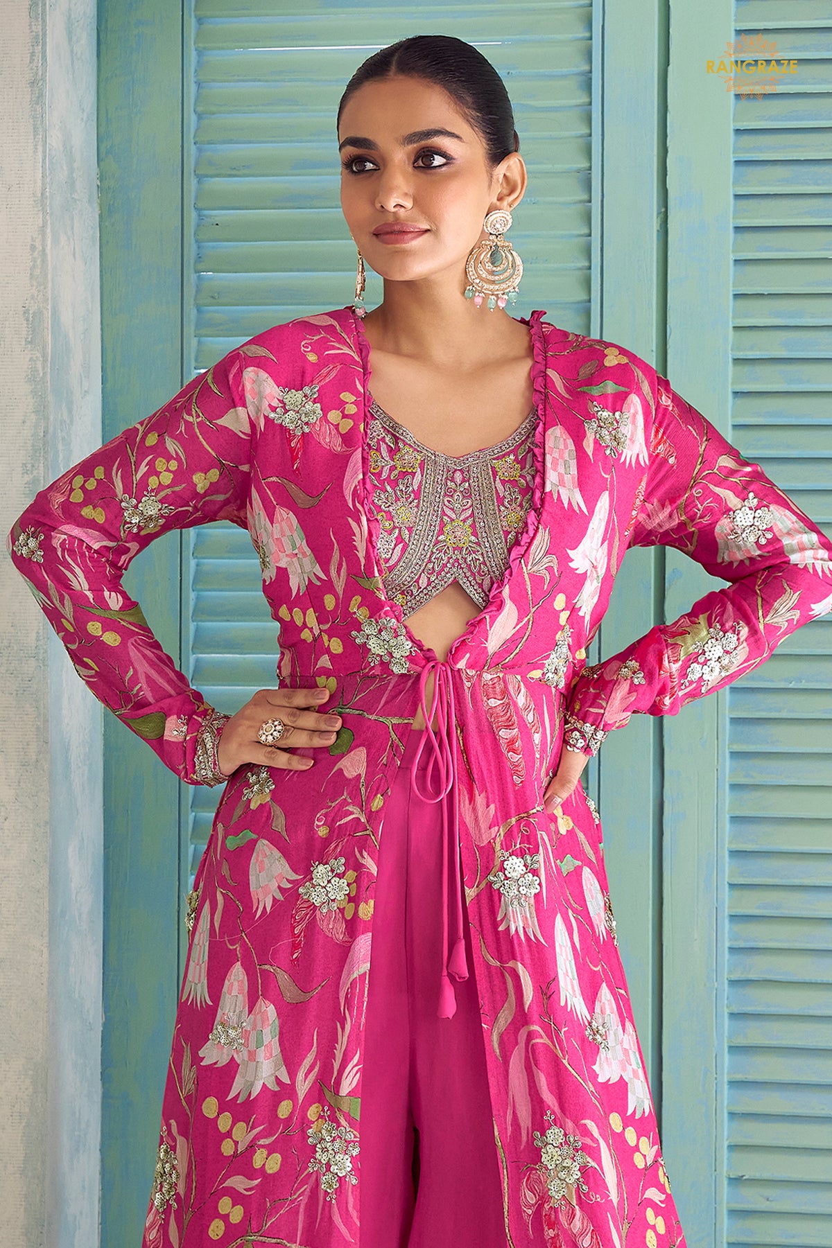 Pink Stitched Embroidered Chinon Palazzo Set With Jacket