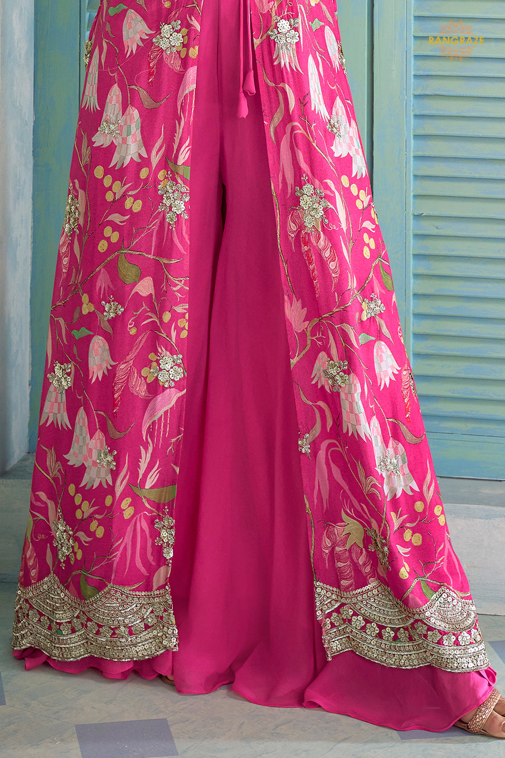 Pink Stitched Embroidered Chinon Palazzo Set With Jacket
