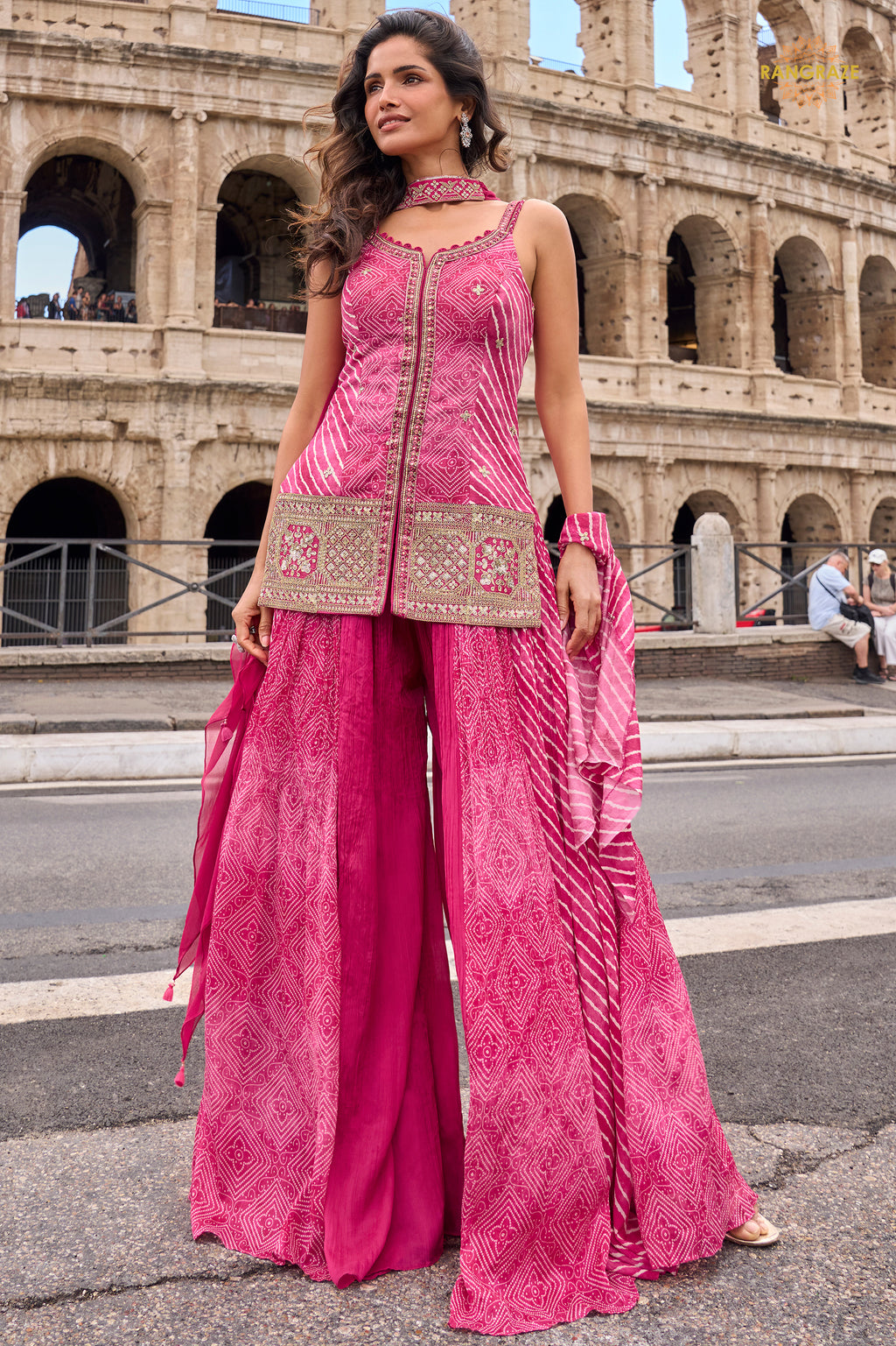 Pink Stitched Embroidered Simar Palazzo Suit