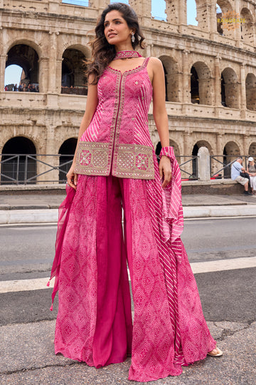 Pink Stitched Embroidered Simar Palazzo Suit
