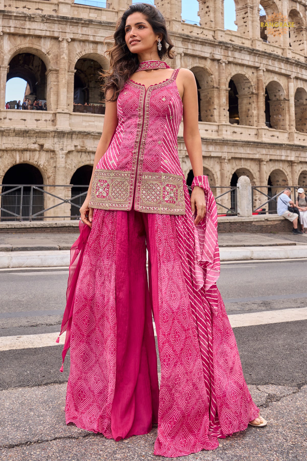 Pink Stitched Embroidered Simar Palazzo Suit