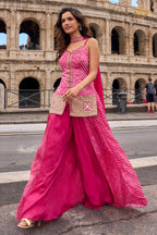 Pink Stitched Embroidered Simar Palazzo Suit