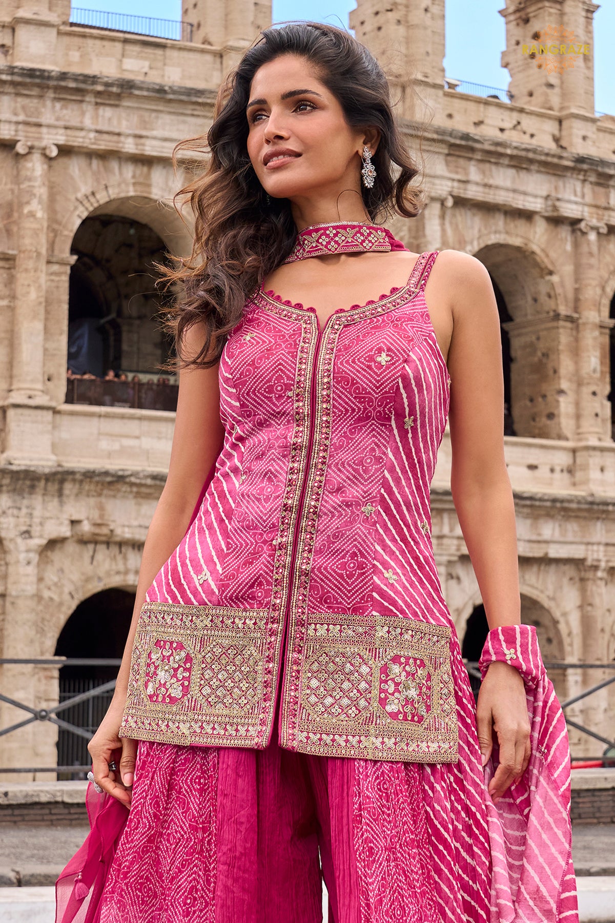 Pink Stitched Embroidered Simar Palazzo Suit