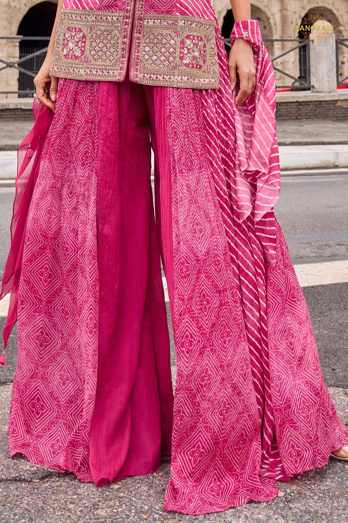 Pink Stitched Embroidered Simar Palazzo Suit