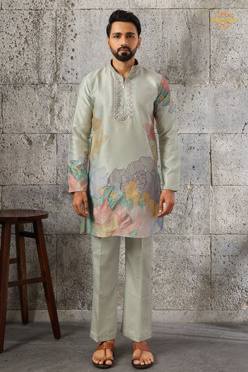 Pista Green Embroidered Silk Men Kurta Pajama