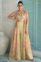 Pista Green Stitched Embroidered Chinon Palazzo Set With Jacket
