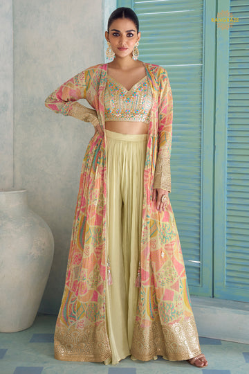 Pista Green Stitched Embroidered Chinon Palazzo Set With Jacket